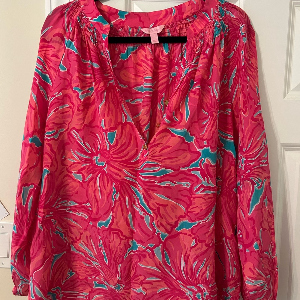 Lilly Pulitzer Pink & Teal Floral Peasant Blouse